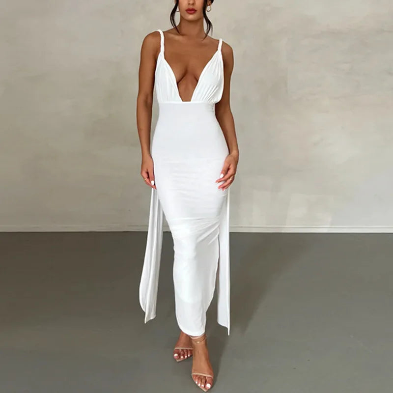 Deep V-Neck Spaghetti Strap Ruched Bodice Side Streamer High Slit Maxi Dress
