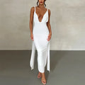 Deep V-Neck Spaghetti Strap Ruched Bodice Side Streamer High Slit Maxi Dress