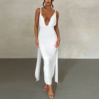 Deep V-Neck Spaghetti Strap Ruched Bodice Side Streamer High Slit Maxi Dress
