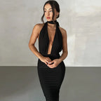 Deep V-Neck Spaghetti Strap Ruched Bodice Side Streamer High Slit Maxi Dress