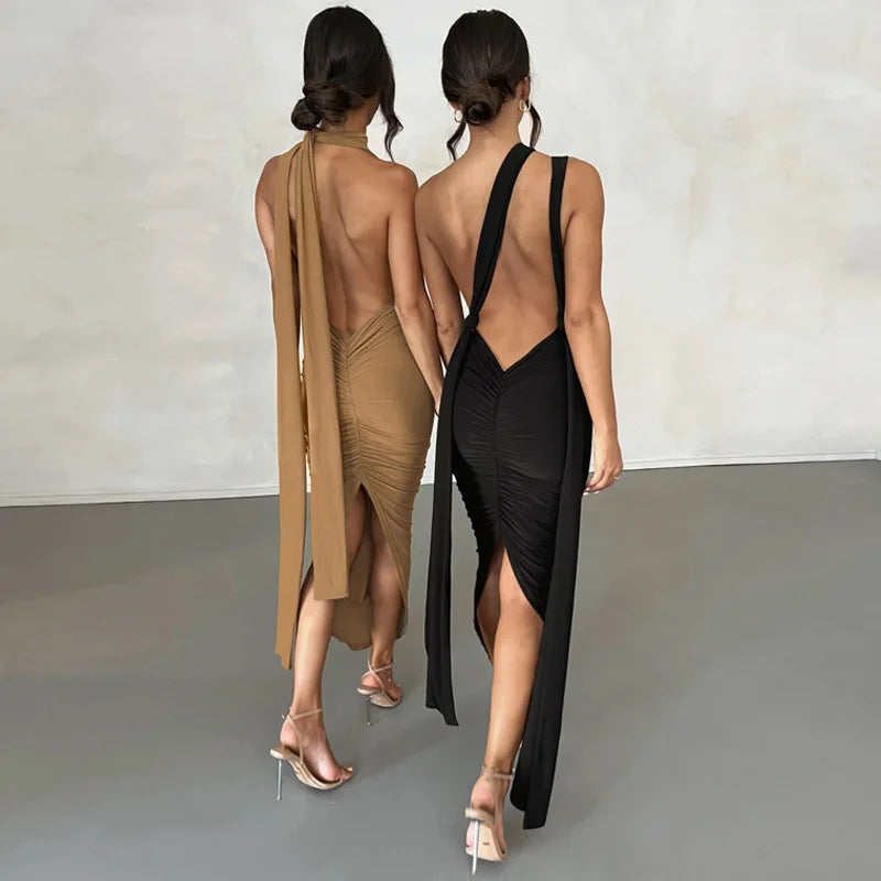 Deep V-Neck Spaghetti Strap Ruched Bodice Side Streamer High Slit Maxi Dress