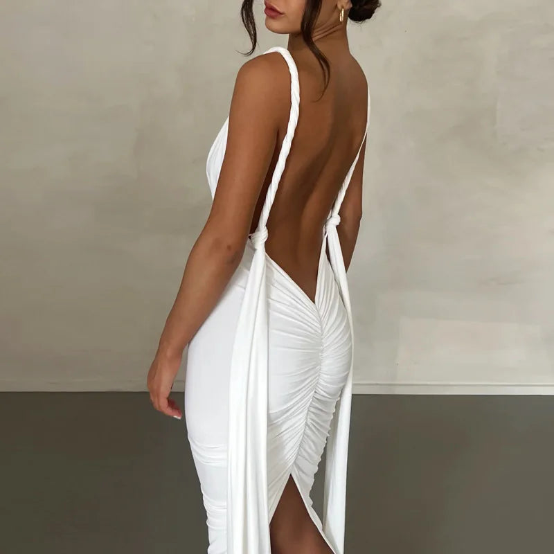 Deep V-Neck Spaghetti Strap Ruched Bodice Side Streamer High Slit Maxi Dress