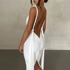 Deep V-Neck Spaghetti Strap Ruched Bodice Side Streamer High Slit Maxi Dress