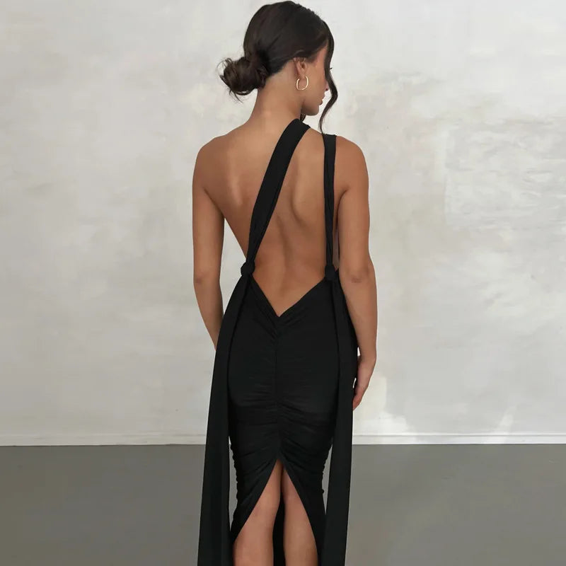 Deep V-Neck Spaghetti Strap Ruched Bodice Side Streamer High Slit Maxi Dress