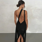 Deep V-Neck Spaghetti Strap Ruched Bodice Side Streamer High Slit Maxi Dress