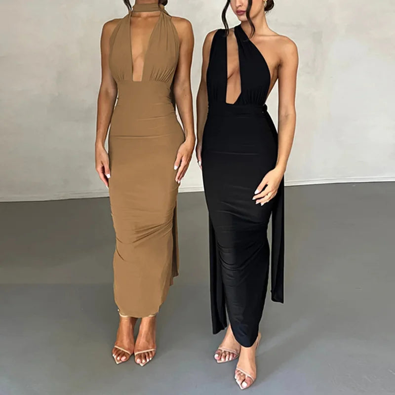 Deep V-Neck Spaghetti Strap Ruched Bodice Side Streamer High Slit Maxi Dress