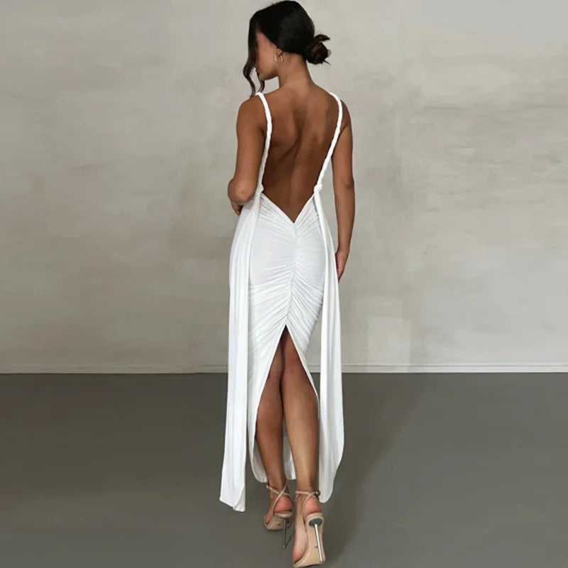 Deep V-Neck Spaghetti Strap Ruched Bodice Side Streamer High Slit Maxi Dress