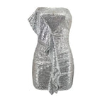 Strapless Sequin Ruched Front Cascade Ruffle Bodycon Mini Dress