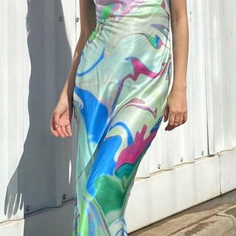 Cowl Neck Spaghetti Strap Abstract Swirl Print Satin Slip Maxi Dress