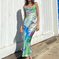 Cowl Neck Spaghetti Strap Abstract Swirl Print Satin Slip Maxi Dress