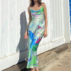 Cowl Neck Spaghetti Strap Abstract Swirl Print Satin Slip Maxi Dress