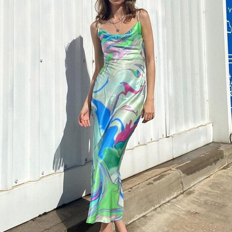 Cowl Neck Spaghetti Strap Abstract Swirl Print Satin Slip Maxi Dress