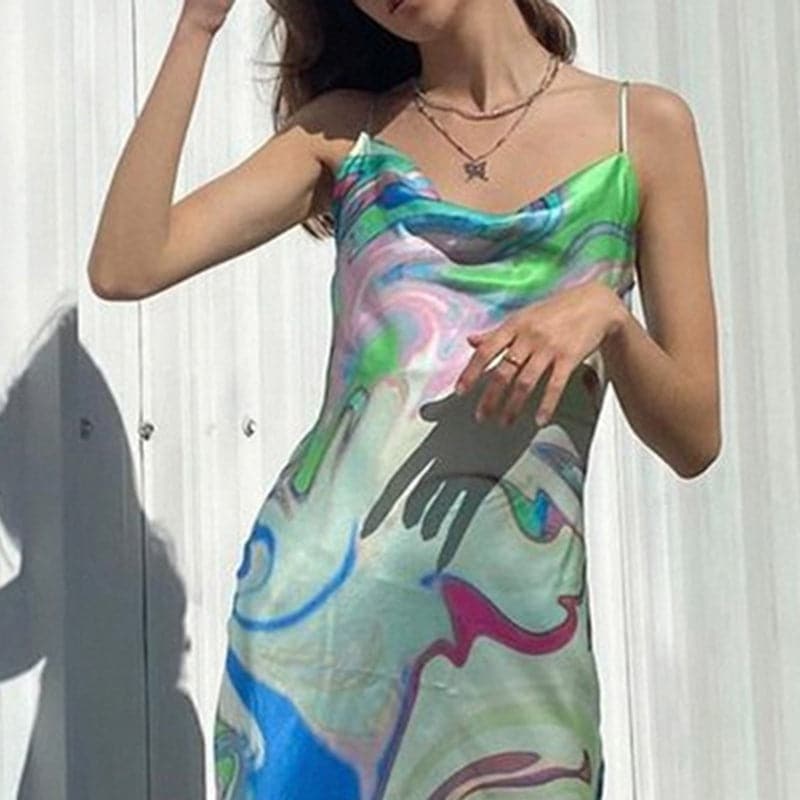 Cowl Neck Spaghetti Strap Abstract Swirl Print Satin Slip Maxi Dress