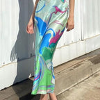 Cowl Neck Spaghetti Strap Abstract Swirl Print Satin Slip Maxi Dress