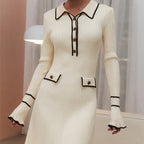 Ribbed Knit Polo Collar Contrast Trim Bell Sleeve Mini Dress