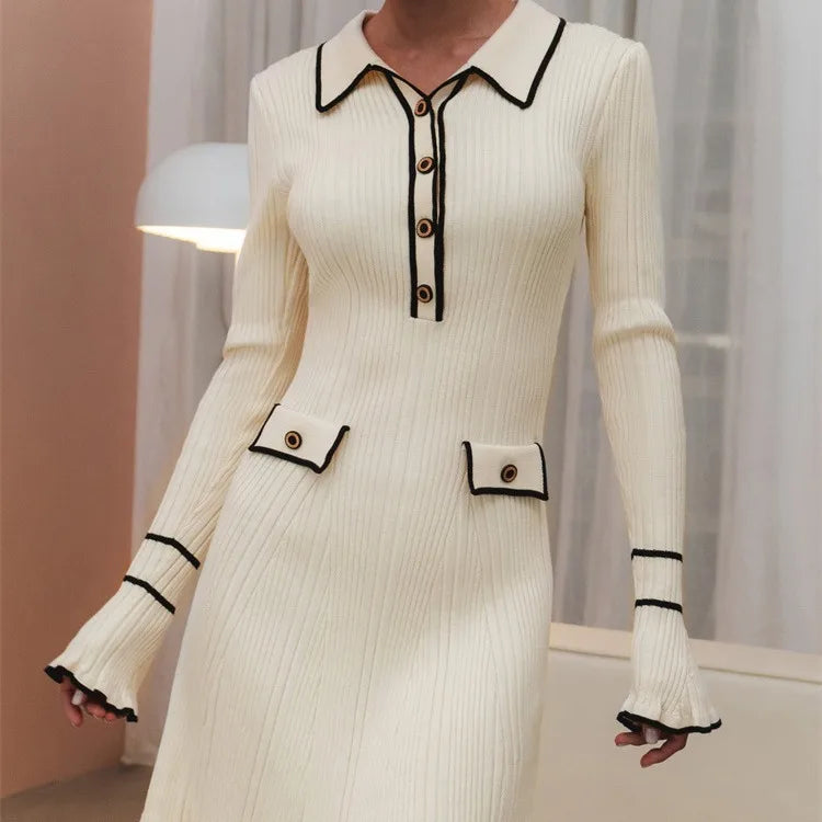 Ribbed Knit Polo Collar Contrast Trim Bell Sleeve Mini Dress