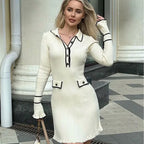 Ribbed Knit Polo Collar Contrast Trim Bell Sleeve Mini Dress