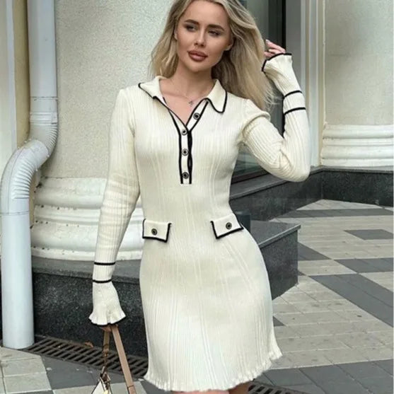 Ribbed Knit Polo Collar Contrast Trim Bell Sleeve Mini Dress