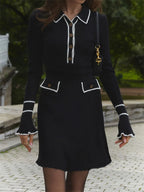 Ribbed Knit Polo Collar Contrast Trim Bell Sleeve Mini Dress