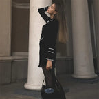 Ribbed Knit Polo Collar Contrast Trim Bell Sleeve Mini Dress
