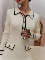 Ribbed Knit Polo Collar Contrast Trim Bell Sleeve Mini Dress