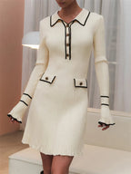 Ribbed Knit Polo Collar Contrast Trim Bell Sleeve Mini Dress