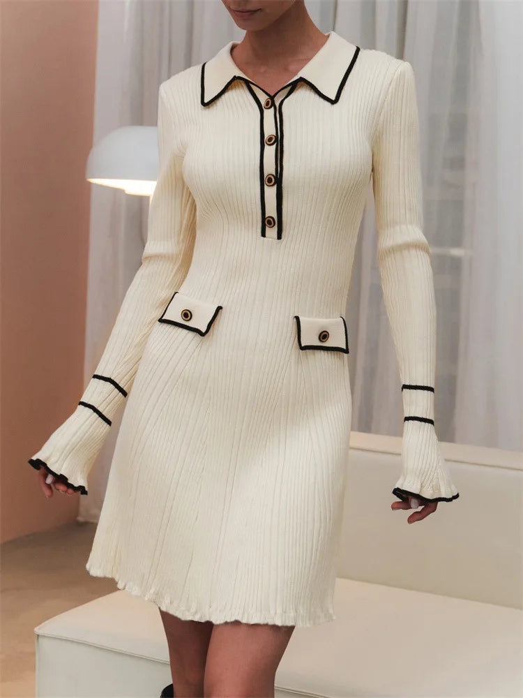 Ribbed Knit Polo Collar Contrast Trim Bell Sleeve Mini Dress