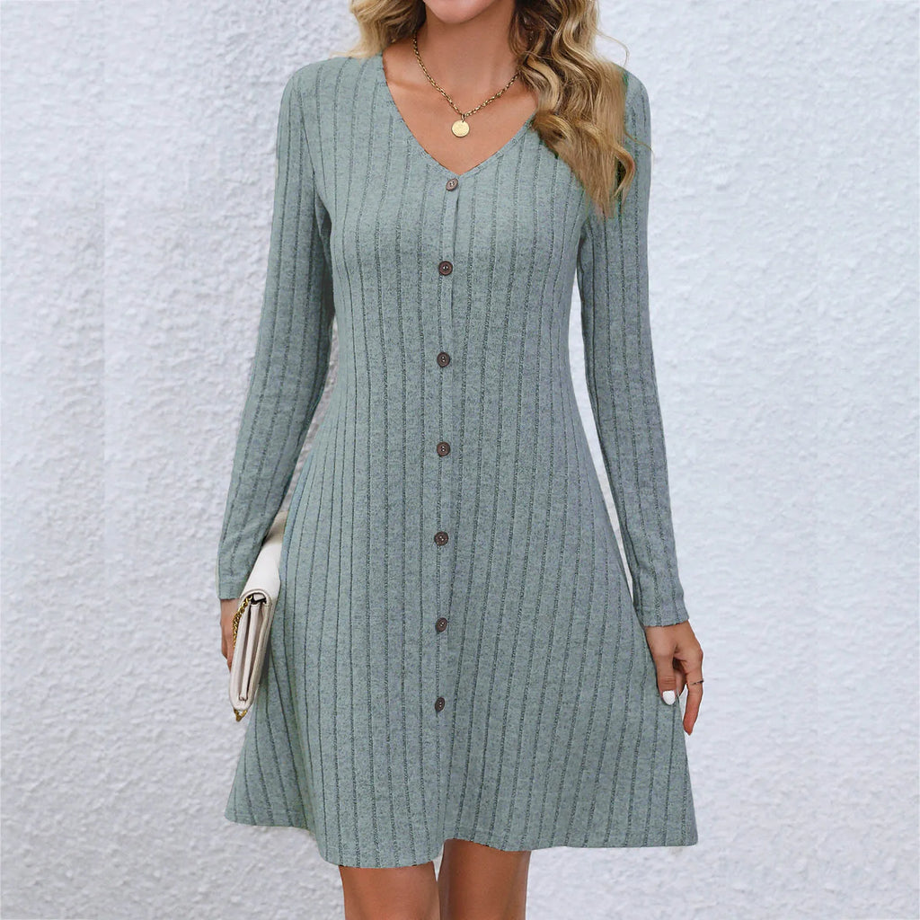 Rib Knit V Neck Button Front Long Sleeve A Line Mini Dress
