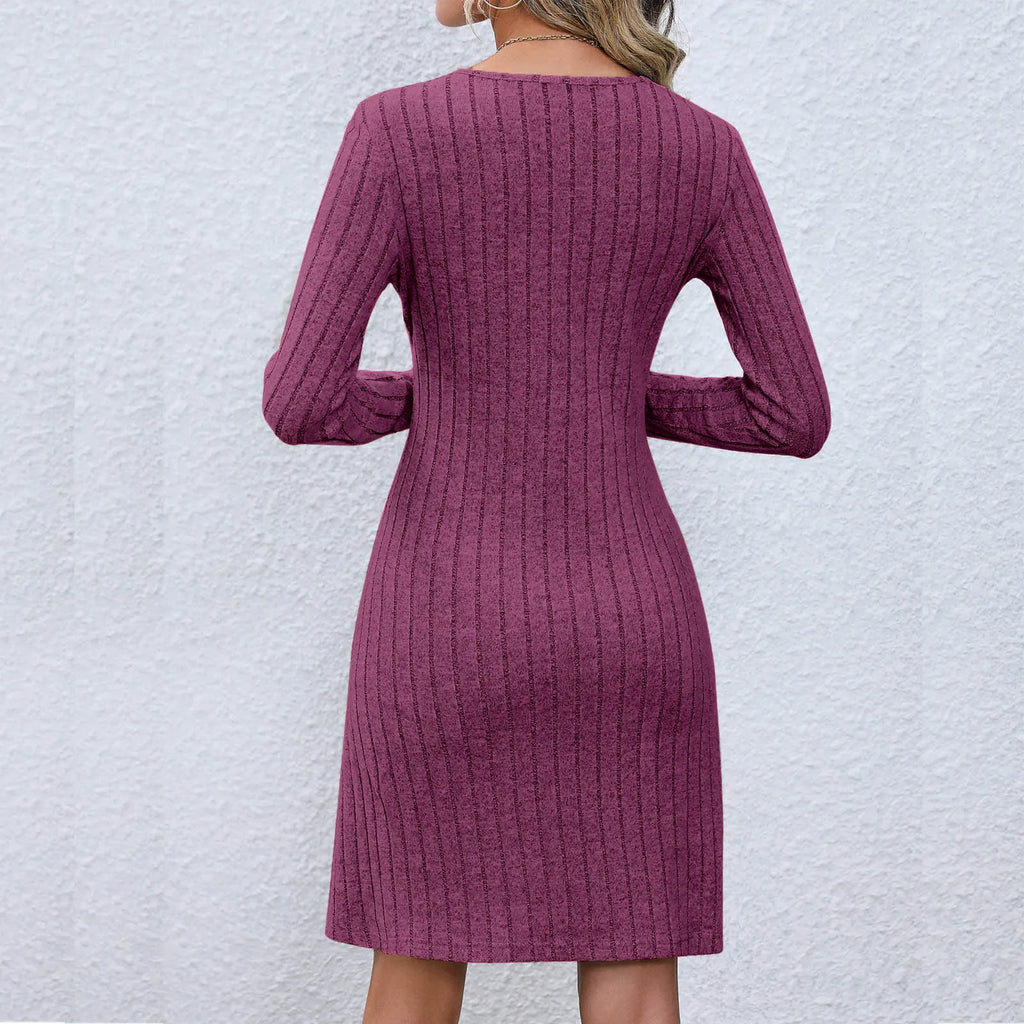 Rib Knit V Neck Button Front Long Sleeve A Line Mini Dress