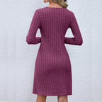 Rib Knit V Neck Button Front Long Sleeve A Line Mini Dress