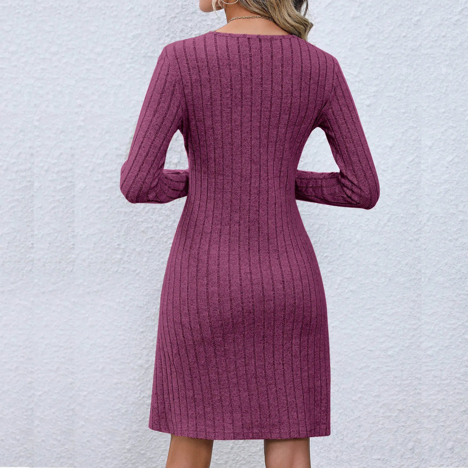 Rib Knit V Neck Button Front Long Sleeve A Line Mini Dress