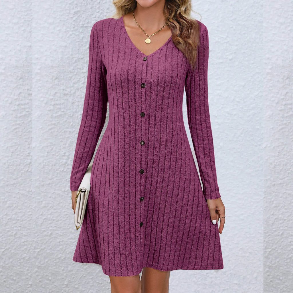 Rib Knit V Neck Button Front Long Sleeve A Line Mini Dress