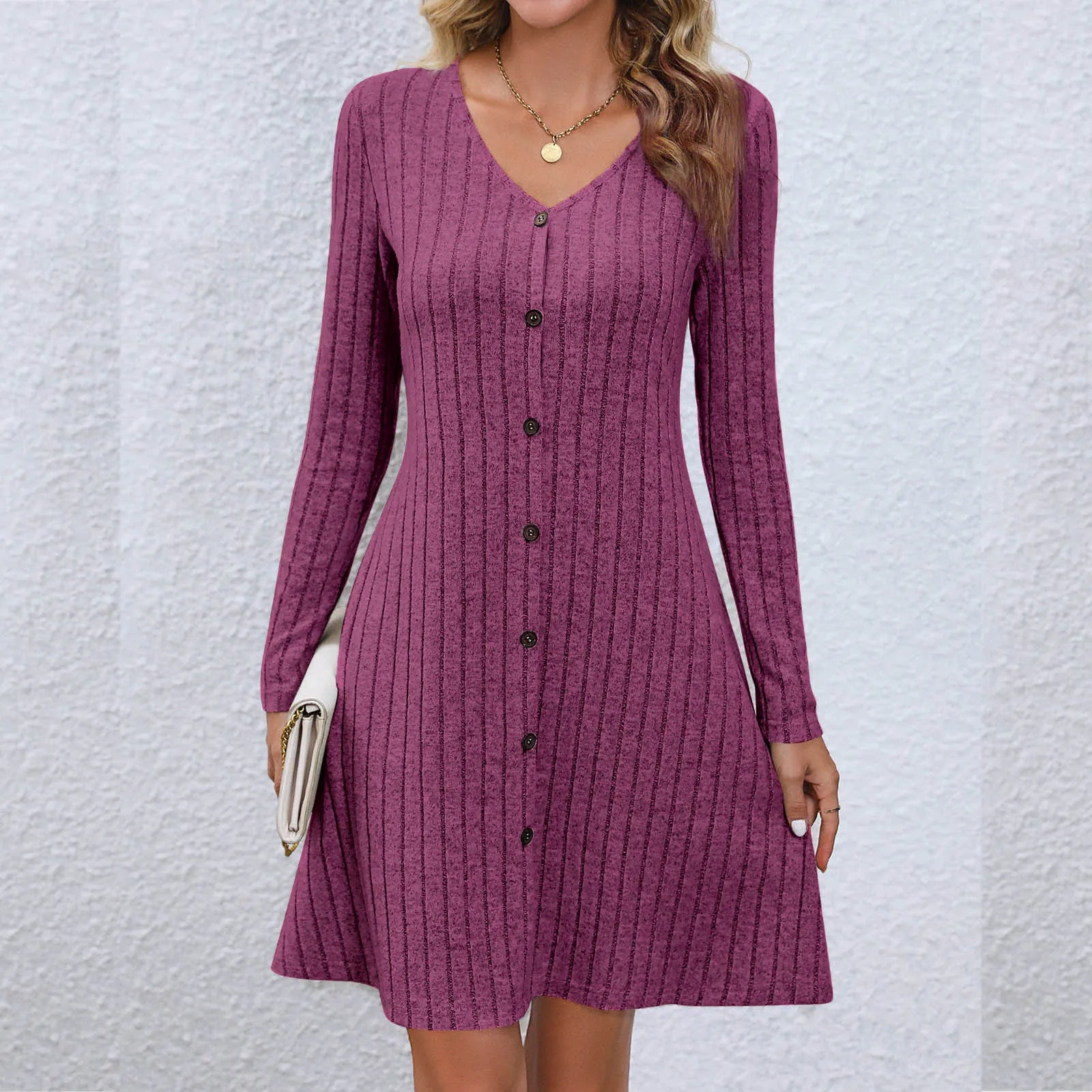 Rib Knit V Neck Button Front Long Sleeve A Line Mini Dress
