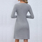 Rib Knit V Neck Button Front Long Sleeve A Line Mini Dress