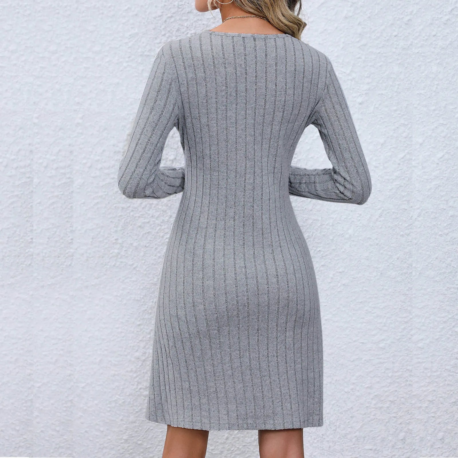 Rib Knit V Neck Button Front Long Sleeve A Line Mini Dress