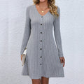 Rib Knit V Neck Button Front Long Sleeve A Line Mini Dress