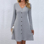 Rib Knit V Neck Button Front Long Sleeve A Line Mini Dress