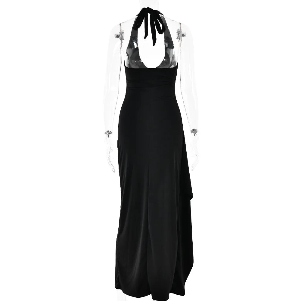 Halter Neck Deep V Neck High Split Train Maxi Dress
