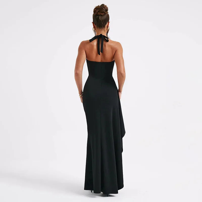 Halter Neck Deep V Neck High Split Train Maxi Dress