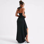 Halter Neck Deep V Neck High Split Train Maxi Dress