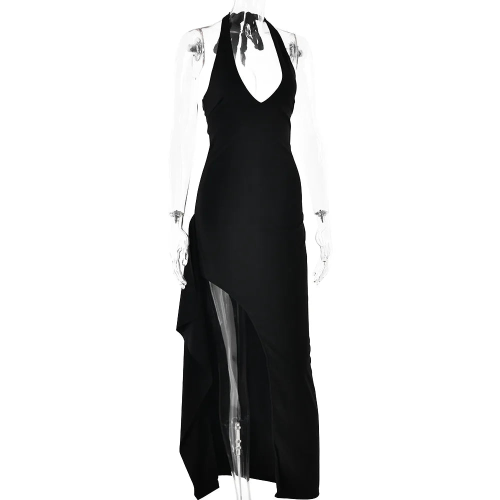 Halter Neck Deep V Neck High Split Train Maxi Dress