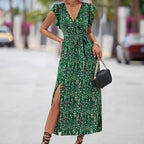 Abstract Print Flutter Sleeve V-Neck Wrap Tie Waist High Slit Maxi Dress