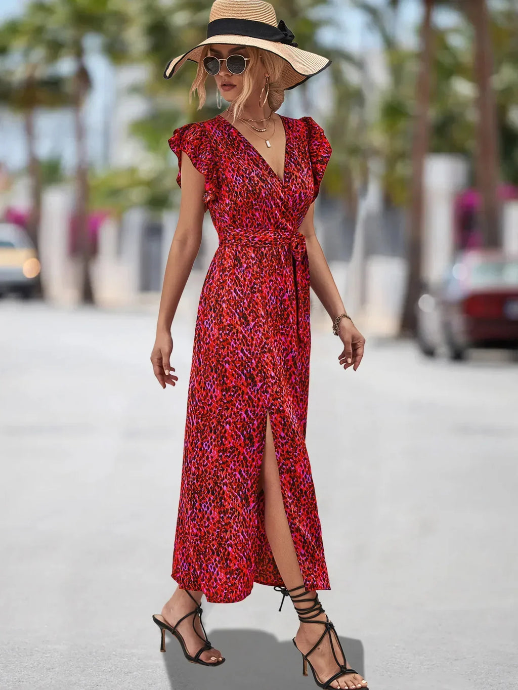 Abstract Print Flutter Sleeve V-Neck Wrap Tie Waist High Slit Maxi Dress
