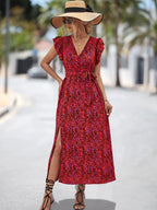 Abstract Print Flutter Sleeve V-Neck Wrap Tie Waist High Slit Maxi Dress