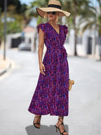 Abstract Print Flutter Sleeve V-Neck Wrap Tie Waist High Slit Maxi Dress