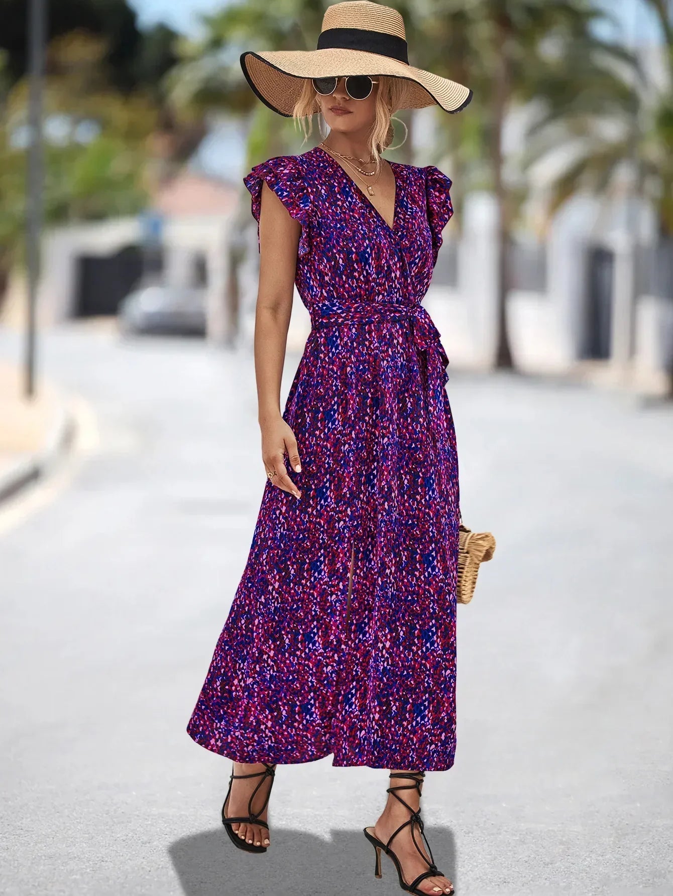 Abstract Print Flutter Sleeve V-Neck Wrap Tie Waist High Slit Maxi Dress