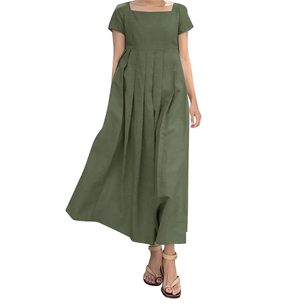 Square Neck Cap Sleeve Pintuck Pleated Empire Waist A-Line Maxi Dress