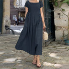 Square Neck Cap Sleeve Pintuck Pleated Empire Waist A-Line Maxi Dress