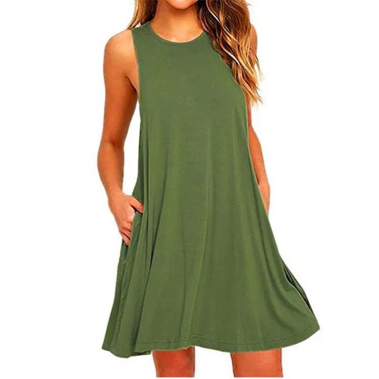 Sleeveless Scoop Neck Pocket Swing A-Line Mini Dress
