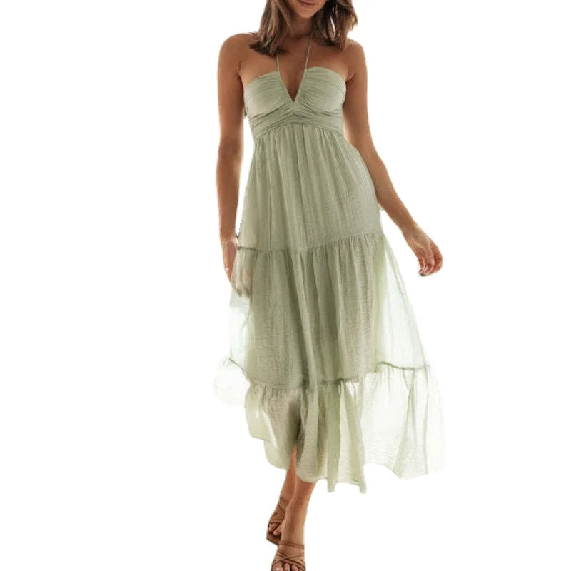 Floral Print Halter Deep V-Neck Empire Waist Tiered Maxi Dress